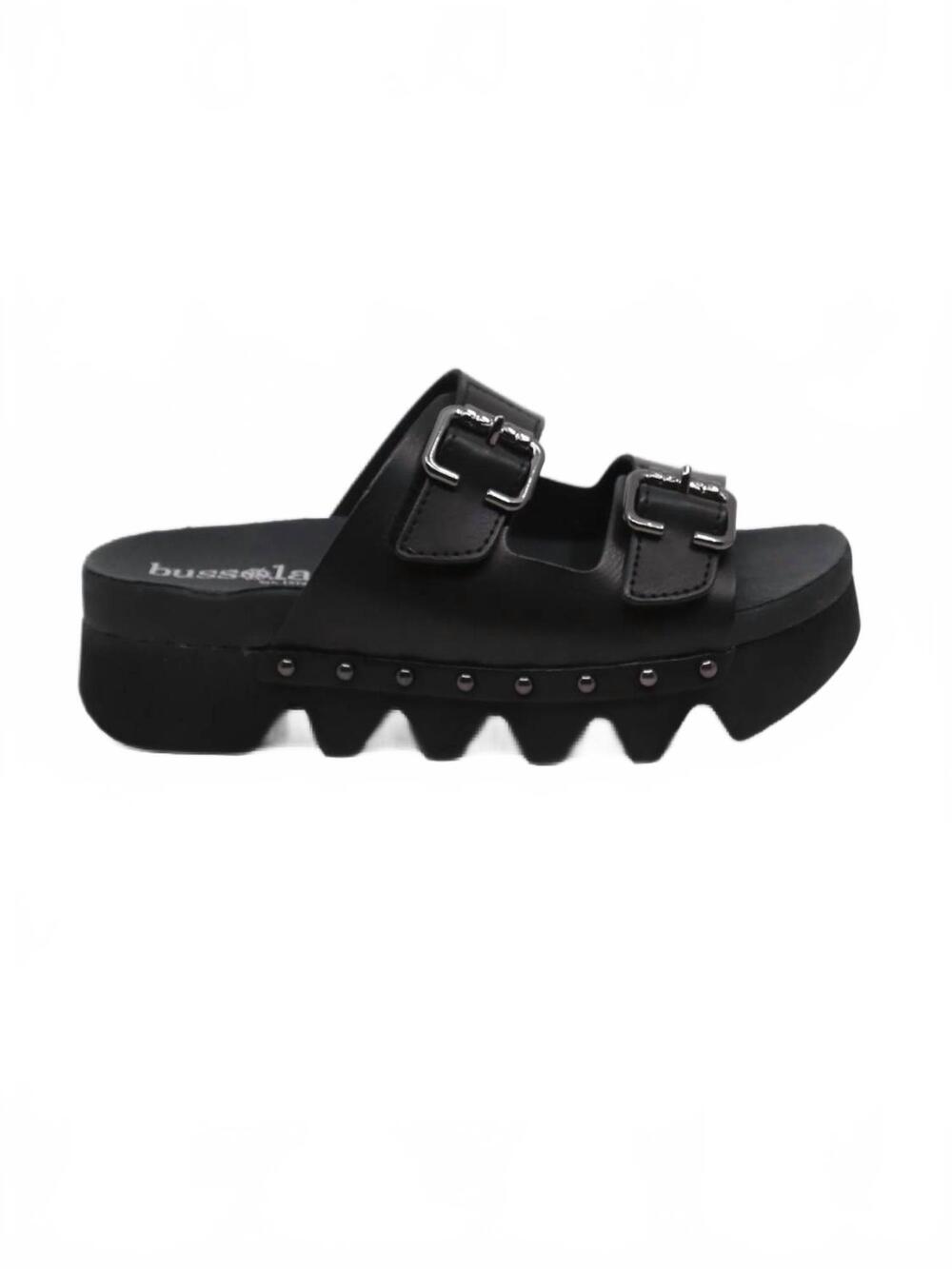 NEW BUSSOLA women's cleopatra buckle strap slide sandal in black vachetta